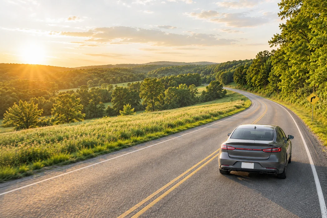 Car driving on a scenic autumn road